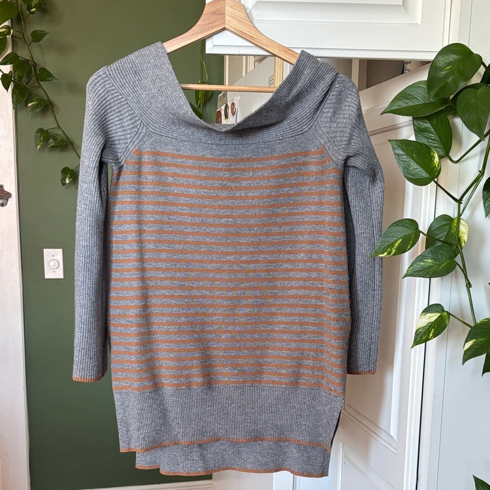 Anthropologie Gray and Brown Striped Cowl Neck Sweater